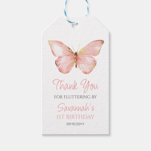 Mädchen Niedlich Blush Pink Butterfly 1. Geburtsta Geschenkanhänger (Vorderseite)