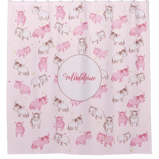 Mädchen Niedlich Boho Bauernhof Kühe Rosa Muster N Duschvorhang (Vorderseite)