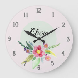 Mädchen Niedlich Frühlingsbotanische Blume und Kin Große Wanduhr