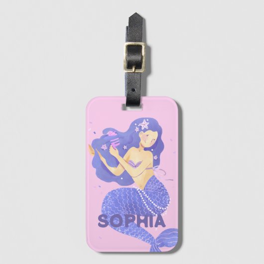Mädchen Niedlich Lila Mermaid Name Personalisiert Gepäckanhänger (Vorderseite Vertikal)