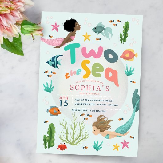Mädchen Niedlich Meerjungfrau Zwei Meer Geburtstag Einladung