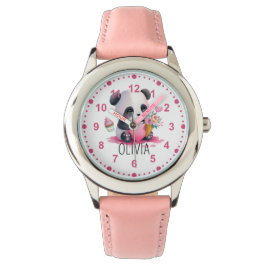 Mädchen Niedlich Panda Bären Blume Rosa Individuel Armbanduhr