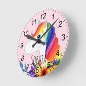 Mädchen Niedlich Pink Aquarell Blume Einhorn Kinde Runde Wanduhr (Winkel)