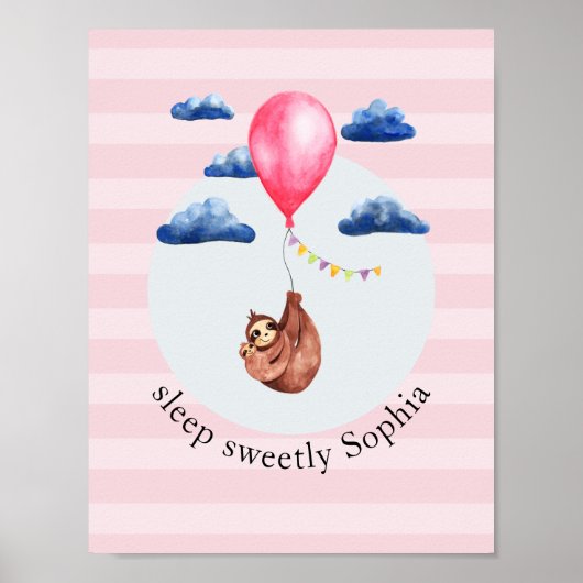 Mädchen Niedlich Pink Ballon Sloth Tier und Name K Poster (Vorne)