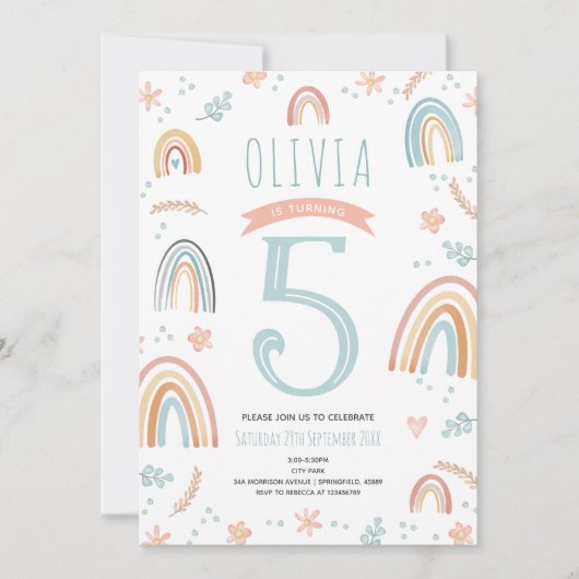 Mädchen Niedlich Pink Boho Rainbow Floral Geburtst Einladung (Vorderseite)