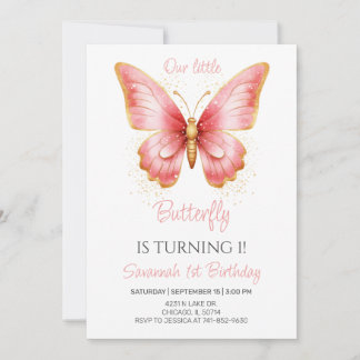 Mädchen Niedlich Pink Butterfly 1. Geburtstag Part Einladung