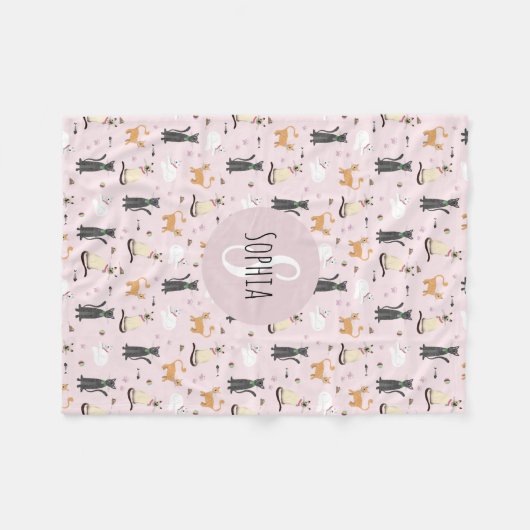 Mädchen Niedlich Pink Cat Cartoon Muster & Name Ki Fleecedecke (Vorderseite (Horizontal))