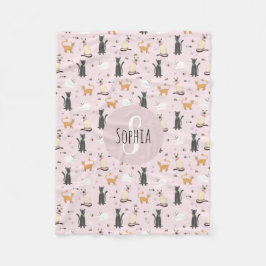 Mädchen Niedlich Pink Cat Cartoon Muster & Name Ki Fleecedecke