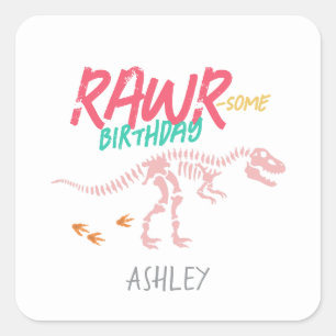 Mädchen Niedlich Pink Dinosaur Kindergeburtstag Ge Quadratischer Aufkleber
