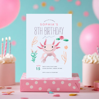 Mädchen Niedlich Pink Kawaii Axolotl 8. Geburtstag Einladung