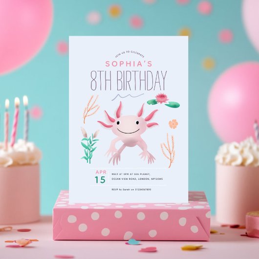 Mädchen Niedlich Pink Kawaii Axolotl 8. Geburtstag Einladung