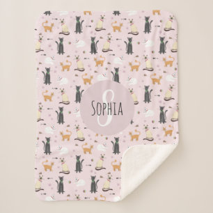 Mädchen Niedlich Pink Kitty Cat Muster & Name Kind Sherpadecke