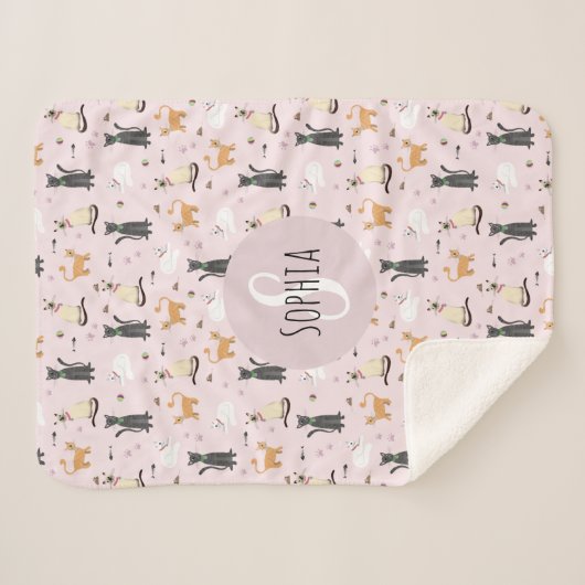 Mädchen Niedlich Pink Kitty Cat Muster & Name Kind Sherpadecke (Vorderseite (Horizontal))