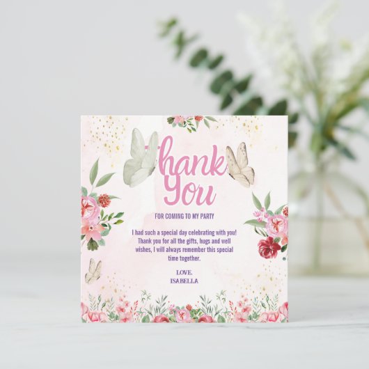 Mädchen Niedlich Pink Lila Butterfly Kindergeburts Dankeskarte (Stehend Vorderseite)