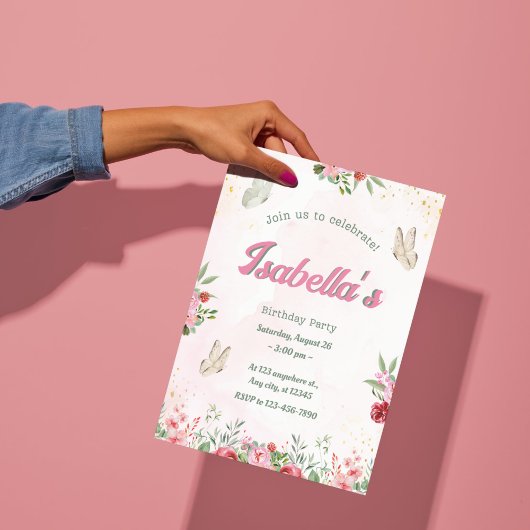 Mädchen Niedlich Pink Lila Butterfly Kindergeburts Einladung