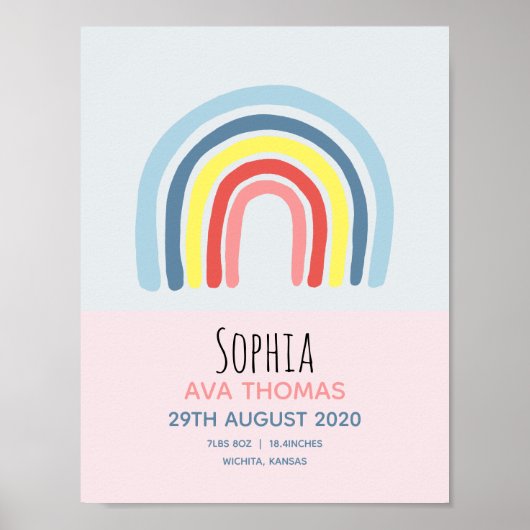 Mädchen Niedlich Pink Rainbow Birth Stats Baby Kin Poster (Vorne)