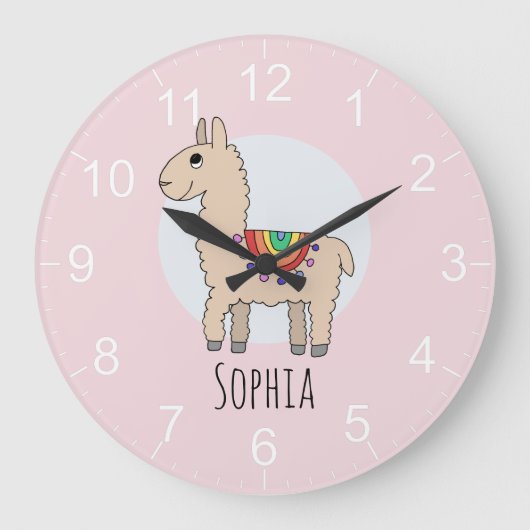 Mädchen Niedlich Pink Rainbow Llama und Name Kinde Große Wanduhr (Vorderseite)