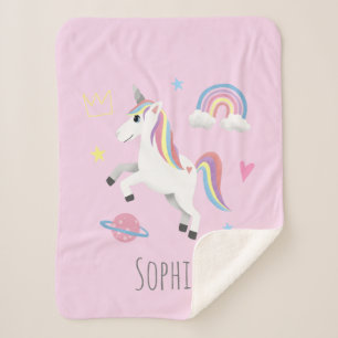 Mädchen Niedlich Pink Rainbow Unicorn & Name Kids Sherpadecke