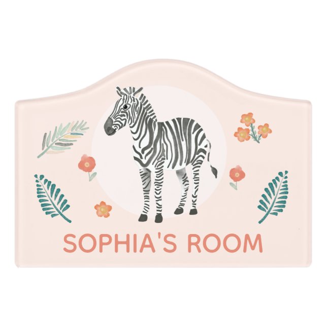 Mädchen Niedlich Pink Safari Zebra & Name Kinder Türschild (Kleines Wappen Vorderseite)