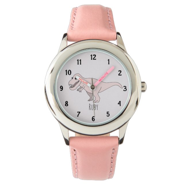 Mädchen Niedlich Pink T-Rex Dinosaurier Kinder mit Armbanduhr (Vorderseite)