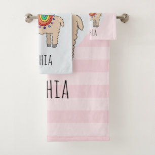 Mädchen Niedlich Rainbow Llama Cartoon und Name K Badhandtuch Set