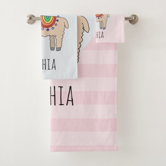 Mädchen Niedlich Rainbow Llama Cartoon und Name Ki Badhandtuch Set (Insitu)