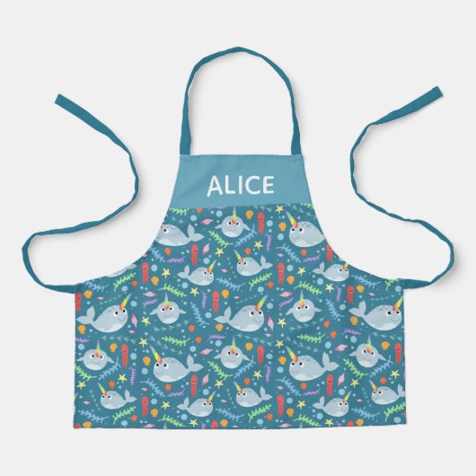 Mädchen Niedlich Rainbow Narwhal & Name Turquoise  Schürze (Vorderseite)
