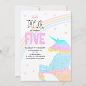 Mädchen Niedlich Rainbow Unicorn Kinder 5th Birthd Einladung (Vorderseite)