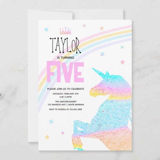Mädchen Niedlich Rainbow Unicorn Kinder 5th Birthd Einladung (Vorderseite)