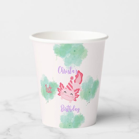 Mädchen Niedlich rosa Axolotl Erster Geburtstag Pappbecher (Vorderseite)