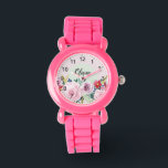 Mädchen Niedlich rosa botanische Blume und Name Ki Armbanduhr<br><div class="desc">Dieses niedliche und mädchenhafte Kinderdesign zeichnet sich durch niedliche,  rosa Aquarellfarben und klare Blume aus und bietet Platz,  um Ihren Mädchennamen in einem eleganten Schriftart zu schreiben. Das perfekte Vintage botanische Geschenk für Ihre Kleinen.</div>