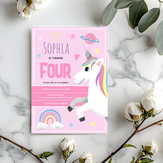 Mädchen Niedlich Rosa Einhorn Kinder 4. Geburtstag Einladung