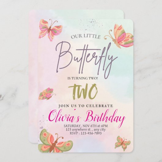 Mädchen Niedlich Rosa Lila Butterfly Kinder am 2. Einladung (Vorne/Hinten)