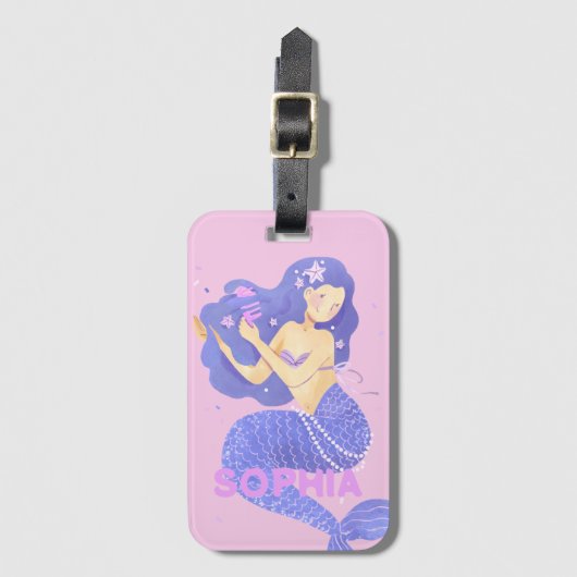 Mädchen Niedlich rosa Meerjungfrau Name Personalis Gepäckanhänger (Vorderseite Vertikal)