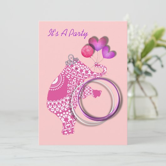 Mädchen Niedlich rosa Prinzessin Elefantenne Party Einladung (Stehend Vorderseite)