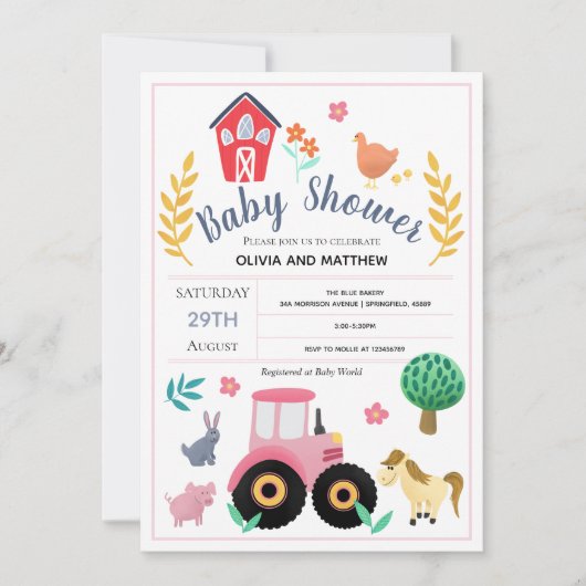 Mädchen Niedlich rosa Rustikale Farm Traktor Babyd Einladung (Vorderseite)