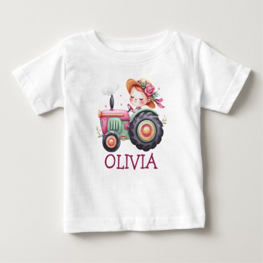 Mädchen Niedlich rosa Traktor Personalisiert Baby T-shirt (Vorderseite)