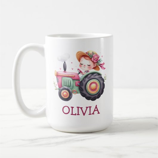 Mädchen Niedlich rosa Traktor Personalisiert Kaffeetasse (Links)