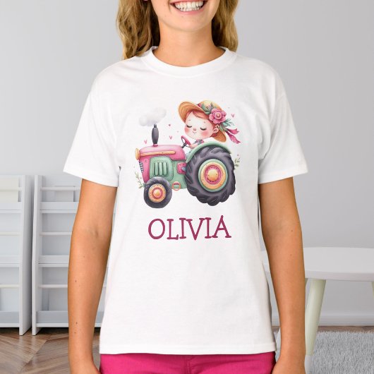 Mädchen Niedlich rosa Traktor Personalisiert T-Shirt