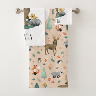 Mädchen Niedlich rosa Waldtiere Kids Monogram Badhandtuch Set