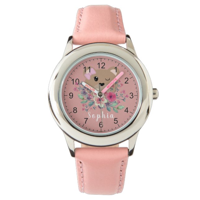Mädchen Niedlich Teddy Bären Blush Pink & Name Kin Armbanduhr (Vorderseite)