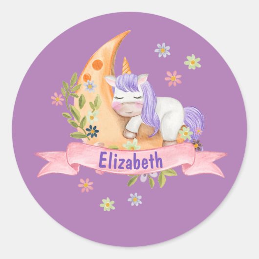 Mädchen Niedlich Unicorn Blume Personalisierter Na Runder Aufkleber (Vorderseite)