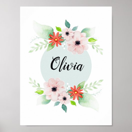 Mädchen Niedliche Aquarellfarben Blume und Name Poster (Vorne)