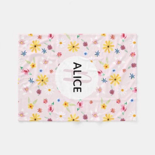 Mädchen Niedliche Blume Muster Monogramm und Name Fleecedecke (Vorderseite (Horizontal))