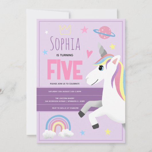 Mädchen Niedliche Lila Einhorn Kinder 5. Geburtsta Einladung (Vorderseite)
