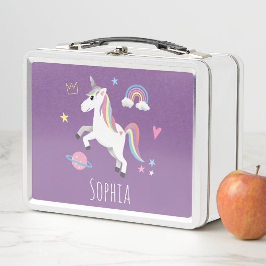 Mädchen Niedliche Lila Magische Einhorn & Name Kin Metall Brotdose (Beispiel)