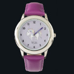 Mädchen Niedliche Lila magische Einhorn und Name K Armbanduhr<br><div class="desc">Dieses niedliche und skurrile Design ist Teil einer Kollektion mit niedlichem Doodle für Mädchenbekleidung,  Accessoires und Kinderzimmer. Dieses Design verfügt über ein handgezeichnetes Doodle Pastellfarben Einhorn auf einem lila Hintergrund und kann mit dem Namen Ihres Mädchens personalisiert werden. Ideal für die erste Armbanduhr deines kleinen Mädchens!</div>