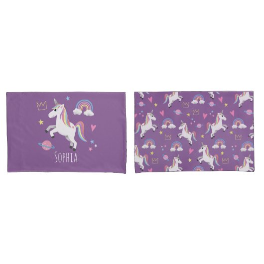 Mädchen Niedliche Lila Unicorn Regenbogen & Name K Kissenbezug (Vorderseite-Set)