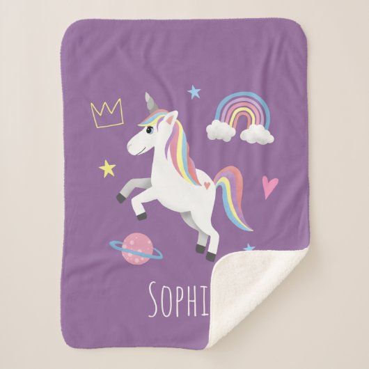 Mädchen Niedlichen Lila Regenbogen Unicorn & Name  Sherpadecke (Vorderseite)