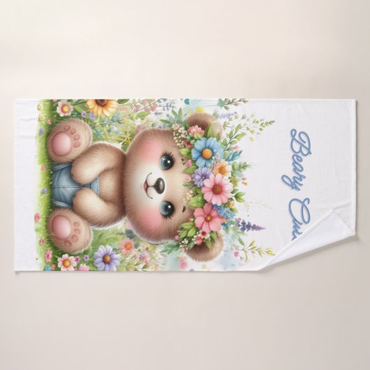 Mädchen Niedlicher Bär mit rosa Blumen Badehandtuc Badehandtuch (Badehandtuch)
